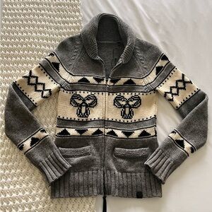 Gray and Cream Women's Zip-Front Nordic Knit Sweater